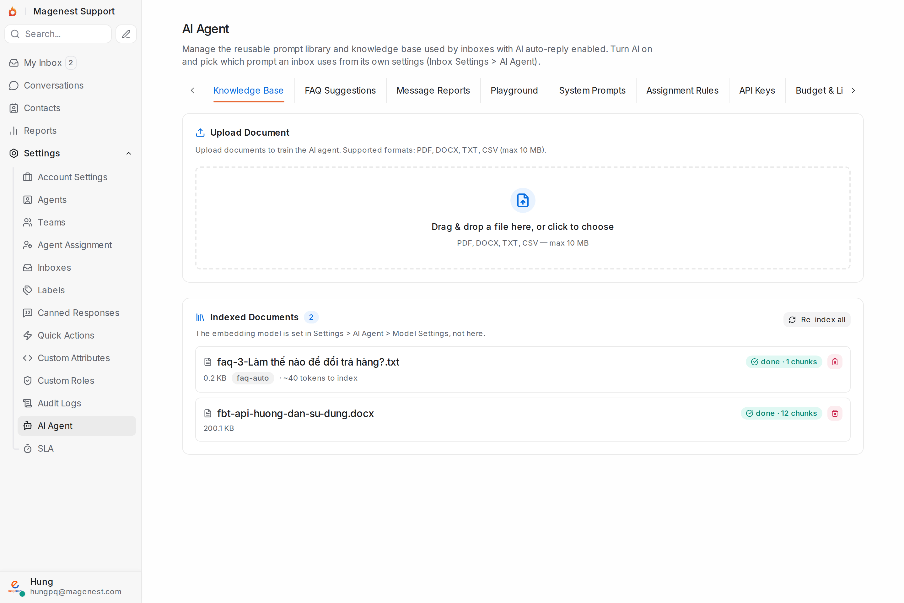 Trung tâm cấu hình AI Agent: Kho tri thức, FAQ tự học, Playground, System Prompts, Assignment Rules, API Keys, Budget & Limits